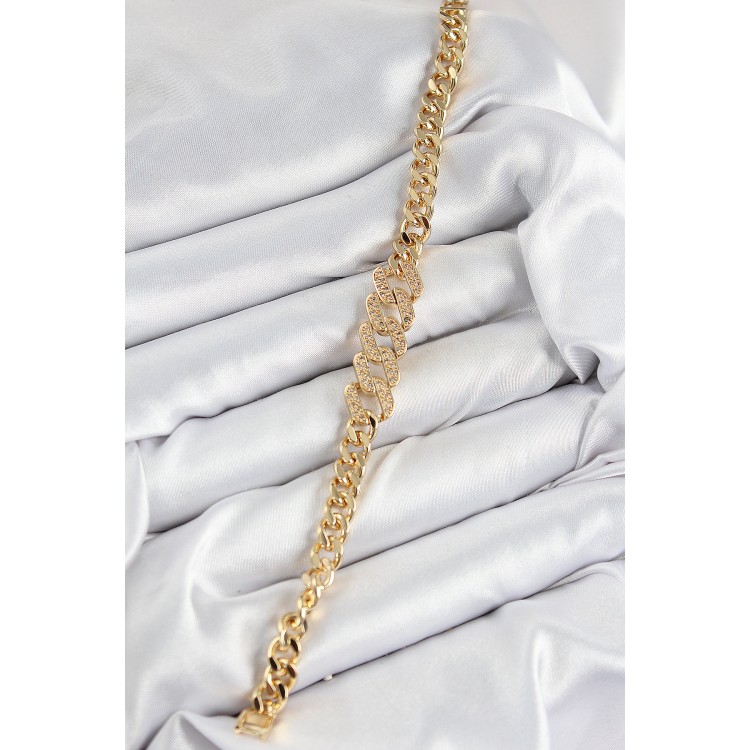 Pirinç Zirkon Taşlı Ezme Küba Zincir Model Gold Renk Kadın Bileklik - TJ-BB7549