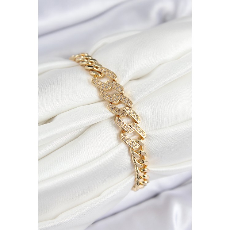 Pirinç Zirkon Taşlı Ezme Küba Zincir Model Gold Renk Kadın Bileklik - TJ-BB7549