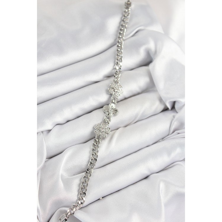 Pirinç Zirkon Taşlı Yonca Model Gümüş Renk Kadın Bileklik - TJ-BB7558