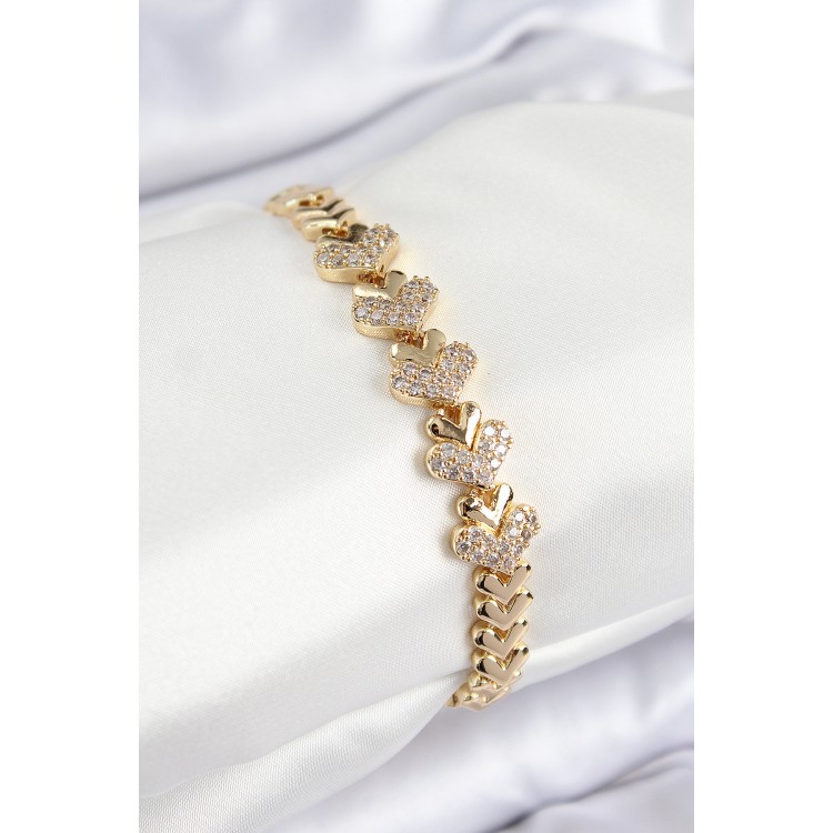 Pirinç Zirkon Taşlı Kalp Model Gold Renk Kadın Bileklik - TJ-BB7562