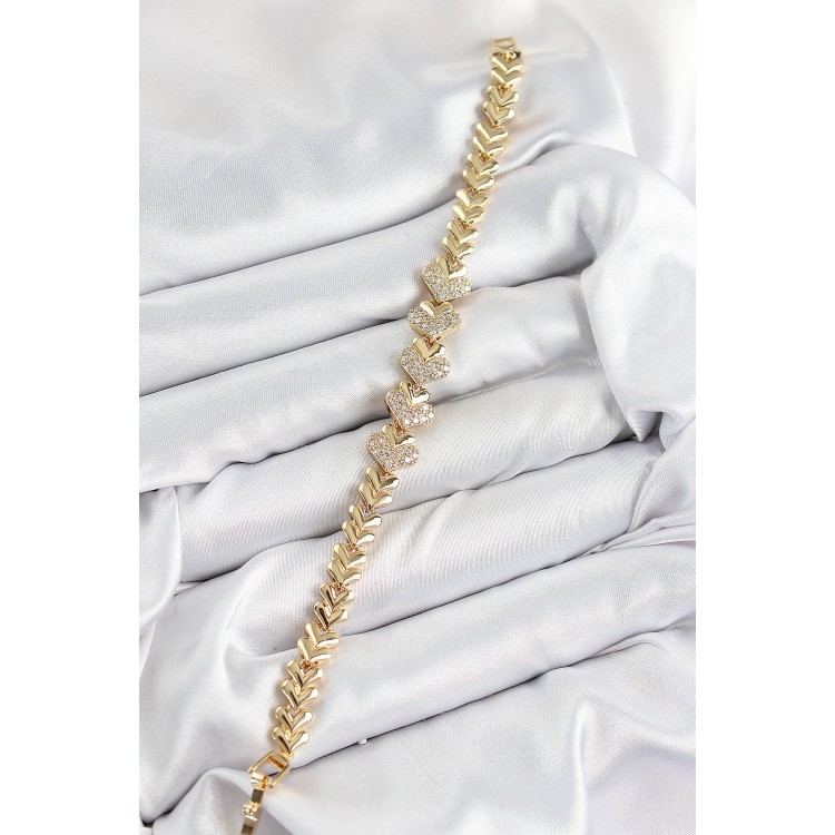 Pirinç Zirkon Taşlı Kalp Model Gold Renk Kadın Bileklik - TJ-BB7562