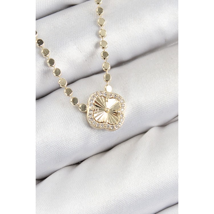 Pirinç Zirkon Taşlı Yonca Model Ezme Zincir Gold Renk Kadın Kolye - TJ-BKO10392