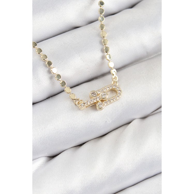 Pirinç Zirkon Taşlı Tifany Model Ezme Zincir Gold Renk Kadın Kolye - TJ-BKO10393