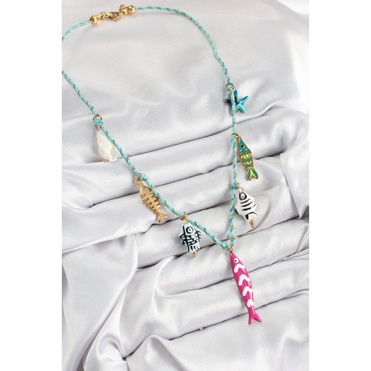 Seramik Motifli Pembe Balık Figürlü Model Mavi İp Kadın Kolye - TJ-BKO10397