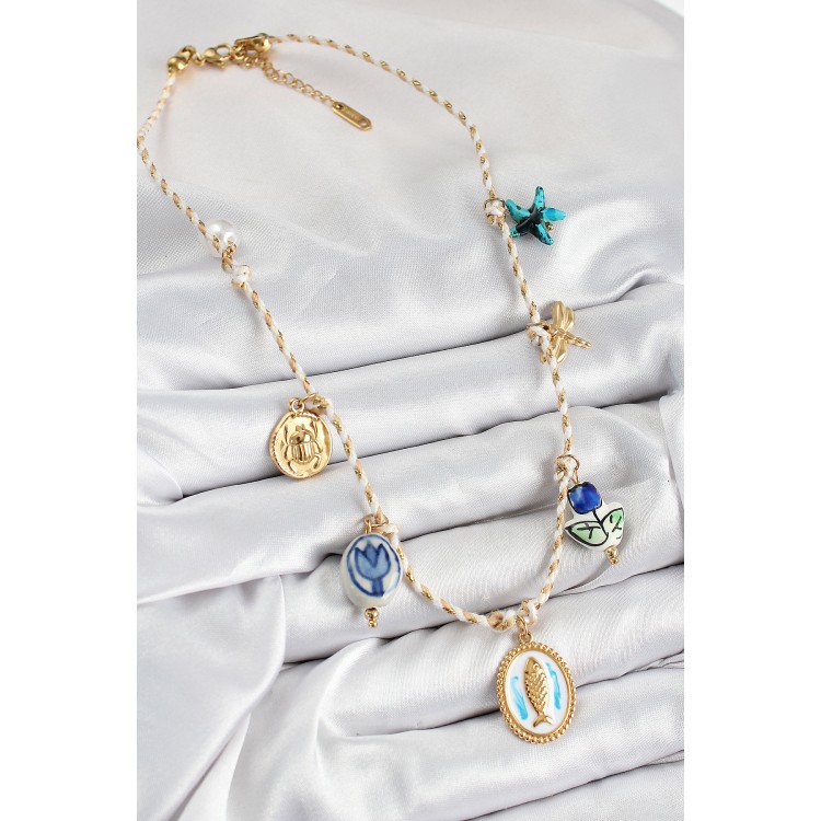 Seramik Motifli Balık Figürlü Model Krem İp Kadın Kolye - TJ-BKO10400