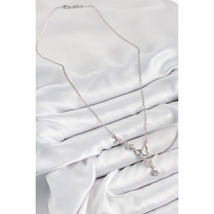 316L Çelik Zirkon Taşlı Kelebek Model Gümüş Renk Kadın Kolye - TJ-BKO10404