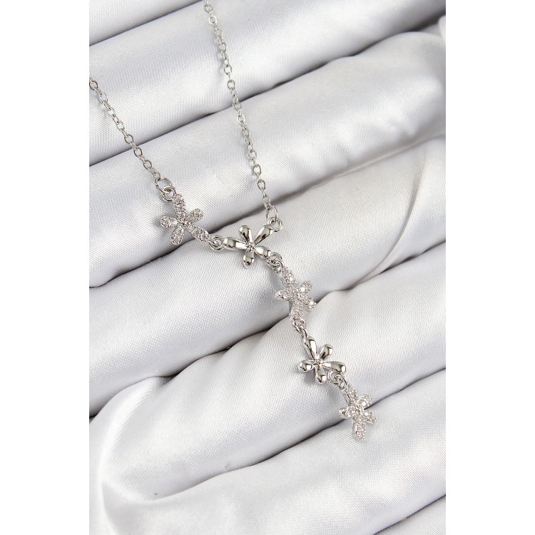 316L Çelik Zirkon Taşlı Çiçek Model Gümüş Renk Kadın Kolye - TJ-BKO10406