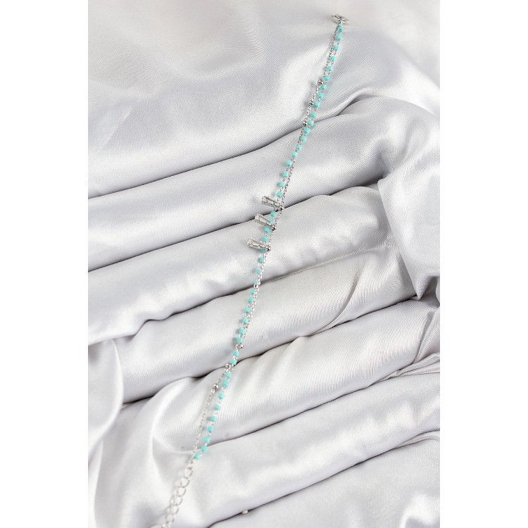 Pirinç Zirkon Taşlı Mavi Boncuklu Model Gümüş Renk Kadın Bileklik - TJ-BB7582