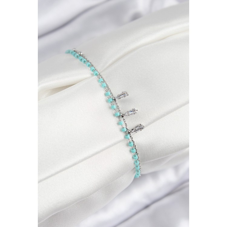 Pirinç Zirkon Taşlı Mavi Boncuklu Model Gümüş Renk Kadın Bileklik - TJ-BB7582