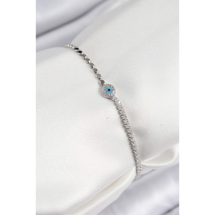 Pirinç Zirkon Taşlı Nazar Model Ezme Zincir Gümüş Renk Kadın Bileklik - TJ-BB7584