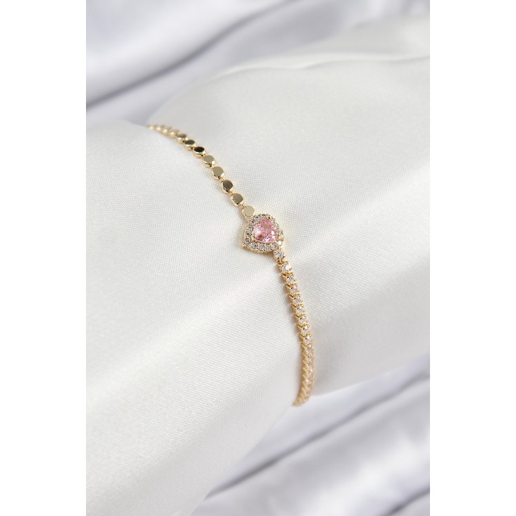 Pirinç Zirkon Taşlı Kalp Model Ezme Zincir Gold Renk Kadın Bileklik - TJ-BB7585