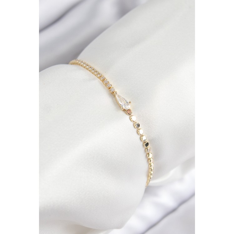 Pirinç Zirkon Taşlı Damla Model Ezme Zincir Gold Renk Kadın Bileklik - TJ-BB7589