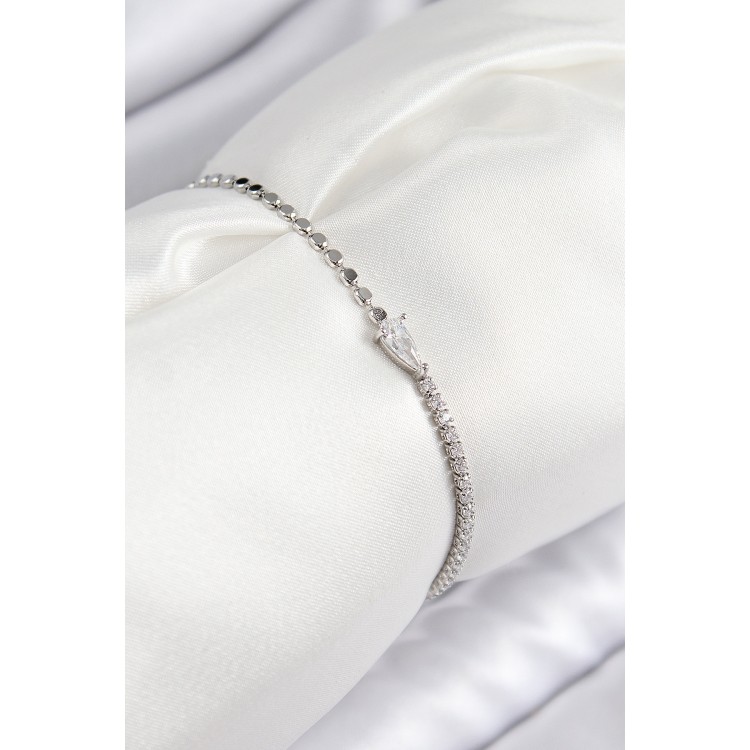 Pirinç Zirkon Taşlı Damla Model Ezme Zincir Gümüş Renk Kadın Bileklik - TJ-BB7590