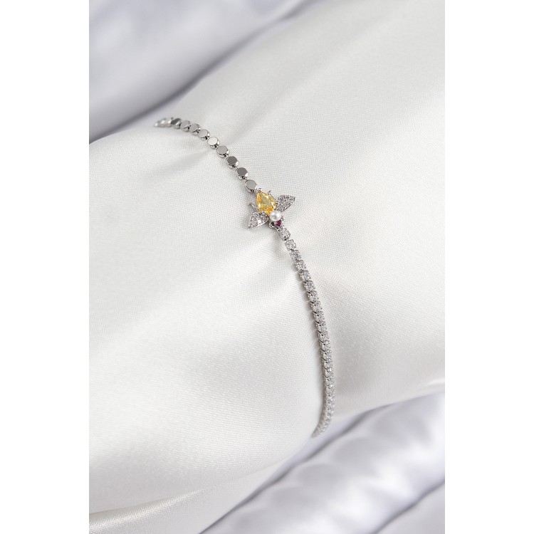 Pirinç Zirkon Taşlı Arı Model Ezme Zincir Gümüş Renk Kadın Bileklik - TJ-BB7596 Pirinç Zirkon Taşlı Arı Model Ezme Zincir Gümüş Renk Kadın Bileklik - TJ-BB7596