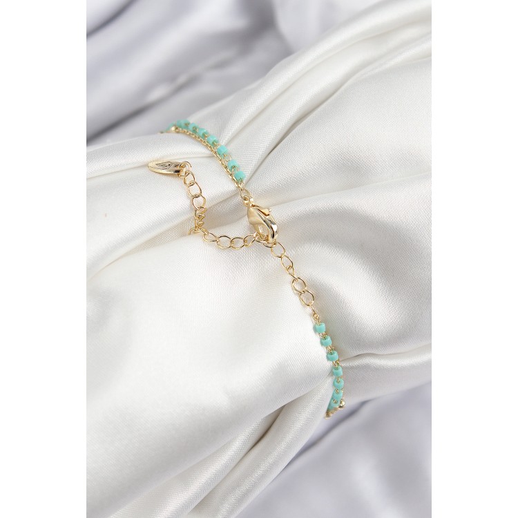 Pirinç Zirkon Taşlı Mavi Boncuklu Model Gold Renk Kadın Bileklik - TJ-BB7599