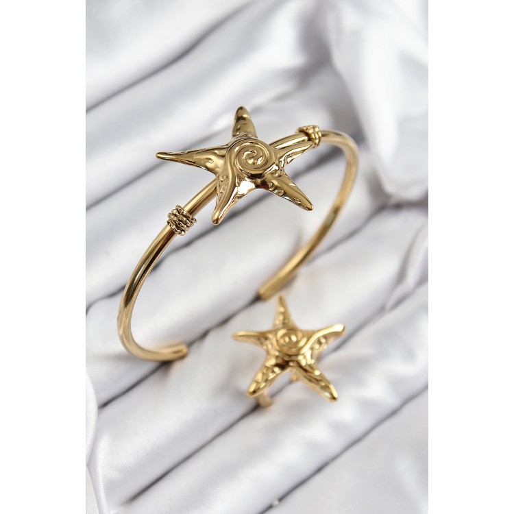 Pirinç Deniz Yıldızı Model Gold Renk Bileklik Yüzük Set - TJ-BB7600
