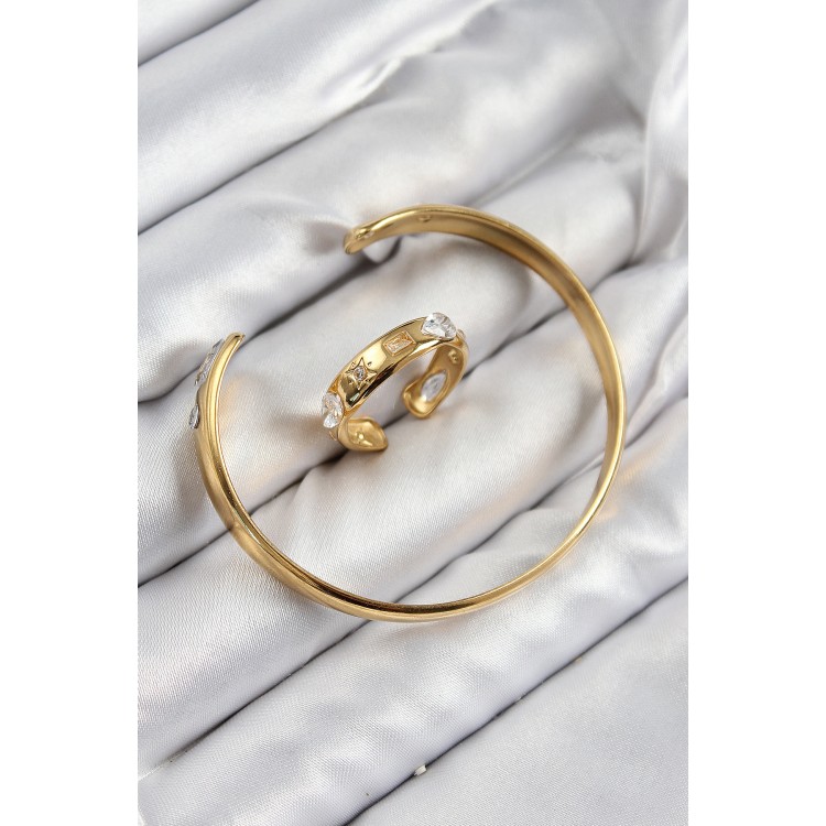 Pirinç Zirkon Taşlı Ayrık Model Gold Renk Bileklik Yüzük Set - TJ-BB7605