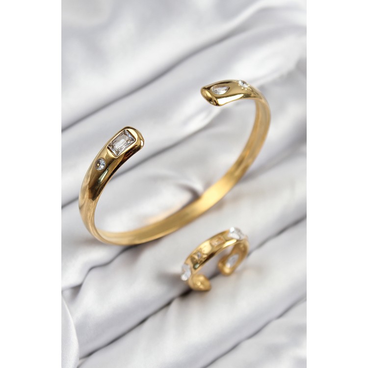 Pirinç Zirkon Taşlı Ayrık Model Gold Renk Bileklik Yüzük Set - TJ-BB7605 Pirinç Zirkon Taşlı Ayrık Model Gold Renk Bileklik Yüzük Set - TJ-BB7605