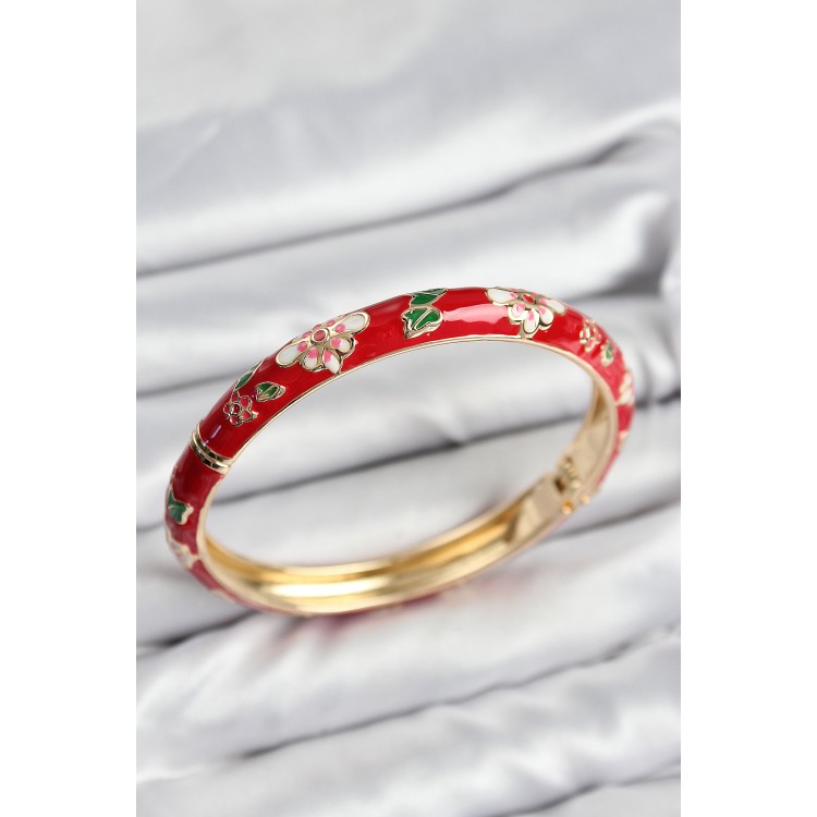 Mineli Pirinç Kırmızı Çiçek Motifli Gold Kadın Kelepçe - TJ-BB7619 Mineli Pirinç Kırmızı Çiçek Motifli Gold Kadın Kelepçe - TJ-BB7619