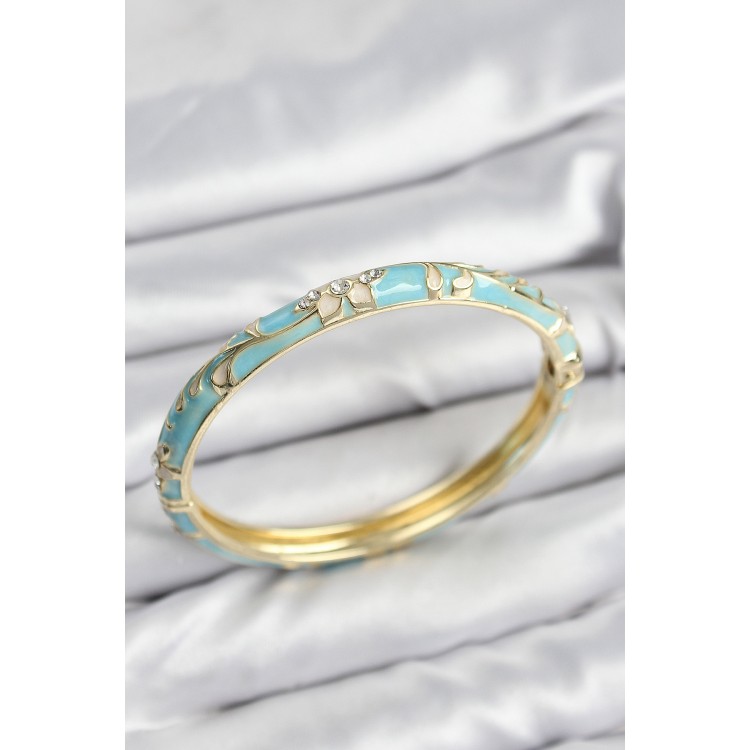 Mineli Pirinç Zirkon Taşlı Turkuaz Çiçek Motifli Gold Kadın Kelepçe - TJ-BB7629 Mineli Pirinç Zirkon Taşlı Turkuaz Çiçek Motifli Gold Kadın Kelepçe - TJ-BB7629