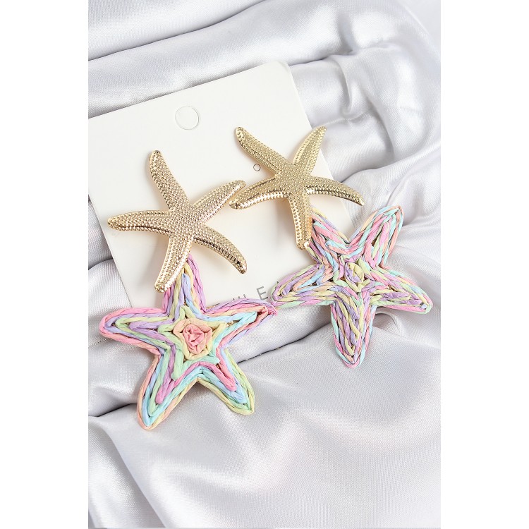 Gold-Colored Woven Earrings with Dangling Rainbow Starfish Design - TJ-BKP11025
