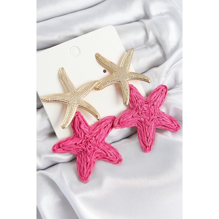 Gold-Colored Straw Earrings with Pink Starfish Design and Rice Beads - TJ-BKP11026 Gold-Colored Straw Earrings with Pink Starfish Design and Rice Beads - TJ-BKP11026