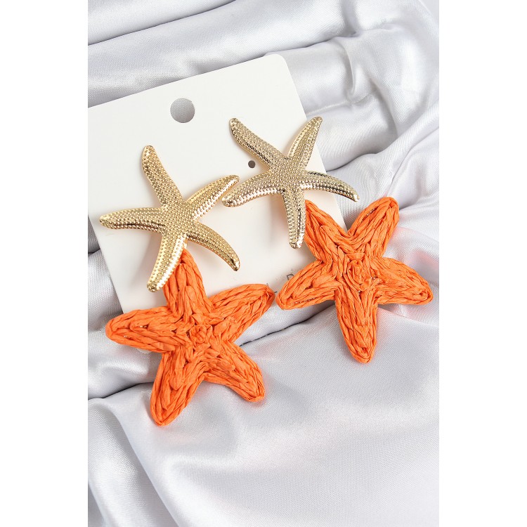 Gold-Colored Straw Earrings with Orange Starfish Design - TJ-BKP11028 Gold-Colored Straw Earrings with Orange Starfish Design - TJ-BKP11028