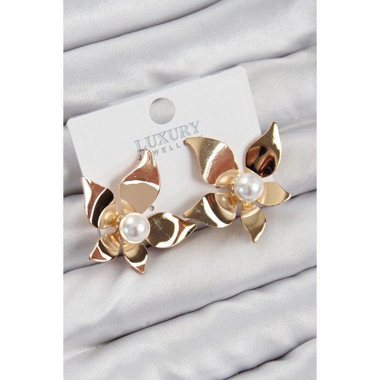Gold-Colored Women's Earrings with Detailed Flower Design and Pearl Accents - TJ-BKP11031