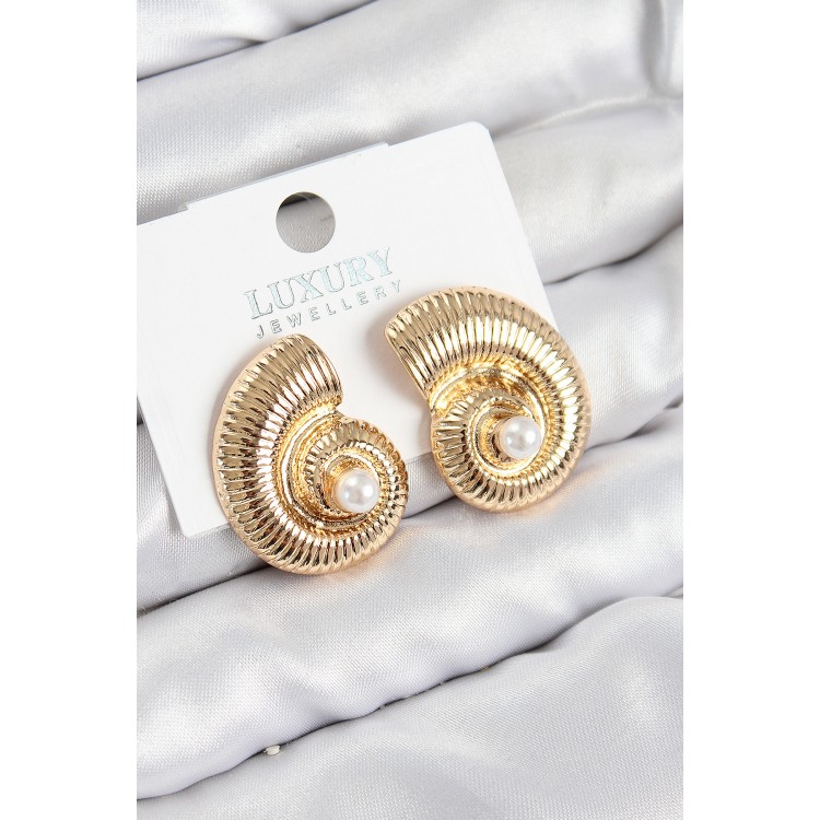 Rice Pearl Detailed Swirl Design Gold Color Women's Earrings - TJ-BKP11032