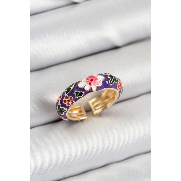 Gold-Tone Adjustable Women's Ring with Purple Enamel Flower Motif - TJ-BYK3803