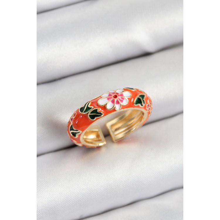 Gold-Tone Adjustable Women's Ring with Orange Enamel Flower Motif - TJ-BYK3804 Gold-Tone Adjustable Women's Ring with Orange Enamel Flower Motif - TJ-BYK3804