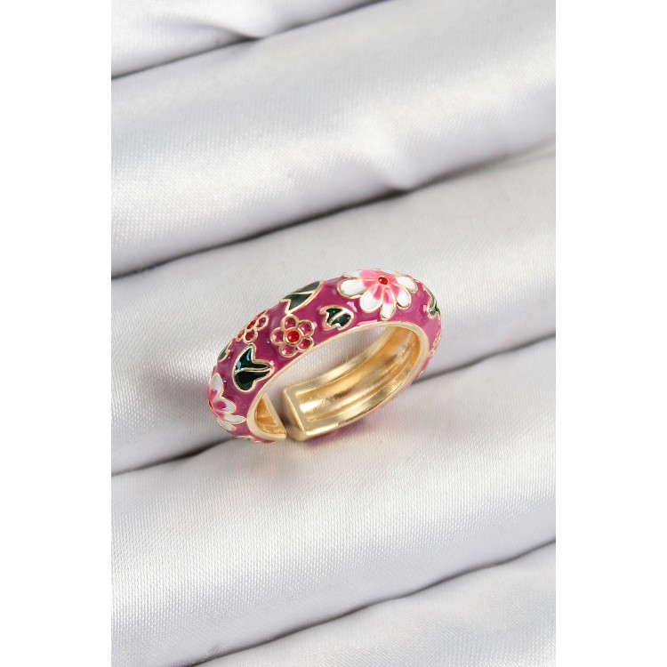 Gold-Tone Adjustable Women's Ring with Fuchsia Enamel Flower Motif - TJ-BYK3807