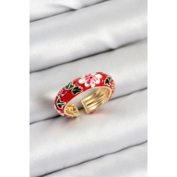 Gold-Tone Adjustable Women's Ring with Red Enamel Flower Motif - TJ-BYK3809
