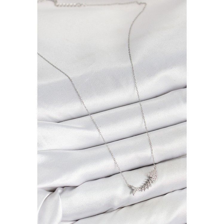 Silver-Colored Women's Necklace with Rice-Shaped Zircon Stone Fishbone Design - TJ-BKO10413