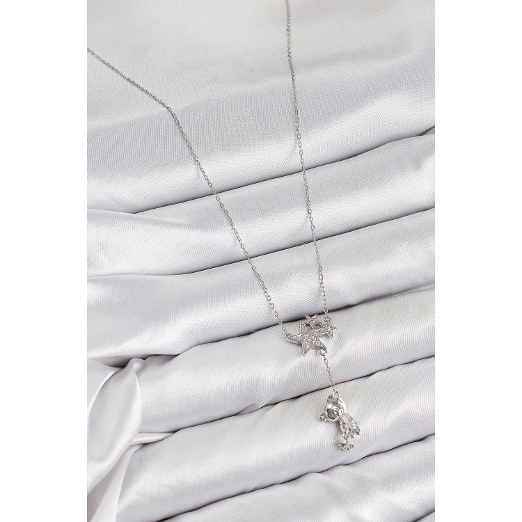 Rice-Shaped Zircon Stone Dangle Star Pendant Silver-Colored Women's Necklace - TJ-BKO10419