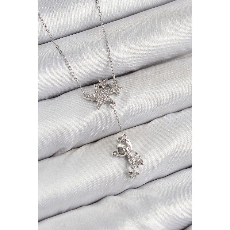 Rice-Shaped Zircon Stone Dangle Star Pendant Silver-Colored Women's Necklace - TJ-BKO10419