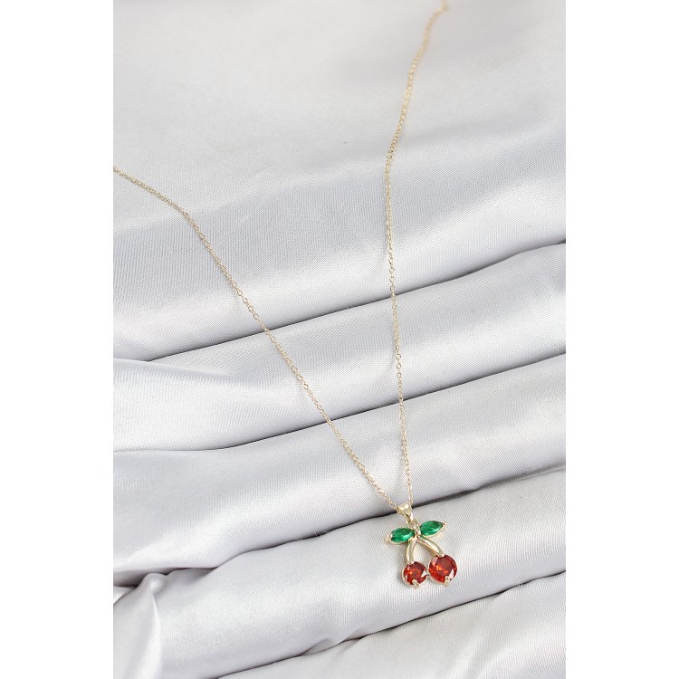 Gold-Colored Women's Necklace with Zircon Stone Cherry Design - TJ-BKO10420
