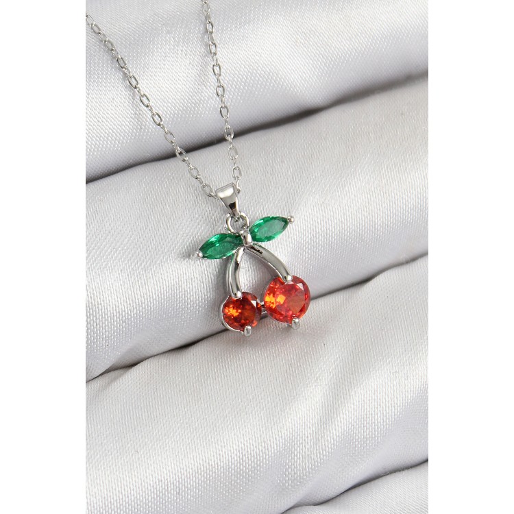 Rice Zircon Stone Cherry Model Silver Color Women's Necklace - TJ-BKO10421 Rice Zircon Stone Cherry Model Silver Color Women's Necklace - TJ-BKO10421