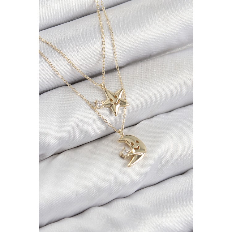 Gold-Colored Women's Necklace with Zircon Stone Star and Moon Design - TJ-BKO10422 Gold-Colored Women's Necklace with Zircon Stone Star and Moon Design - TJ-BKO10422