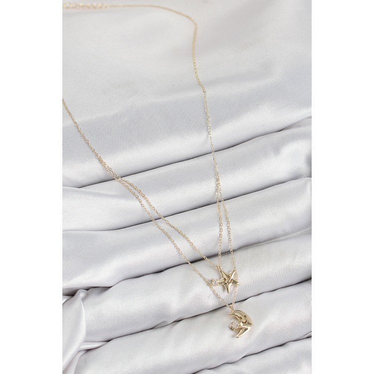 Gold-Colored Women's Necklace with Zircon Stone Star and Moon Design - TJ-BKO10422