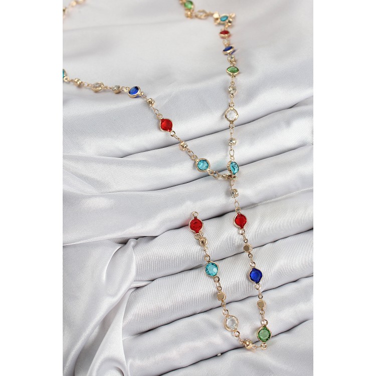 Gold-Colored Women's Y Necklace with Zircon Stones in Rice Color - TJ-BKO10434