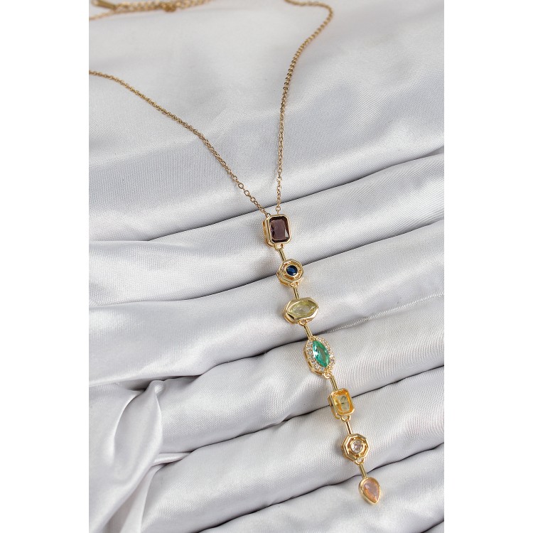 Gold-Colored Women's Y Necklace with Zircon Stones in Rice Color - TJ-BKO10439