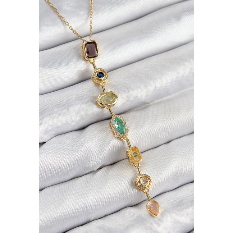 Gold-Colored Women's Y Necklace with Zircon Stones in Rice Color - TJ-BKO10439
