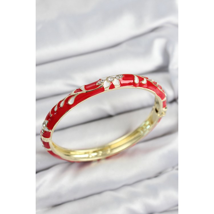 Gold Women's Bracelet with Red Flower Motif, Zircon Stones, and Mineli Brass - TJ-BB7640 Gold Women's Bracelet with Red Flower Motif, Zircon Stones, and Mineli Brass - TJ-BB7640