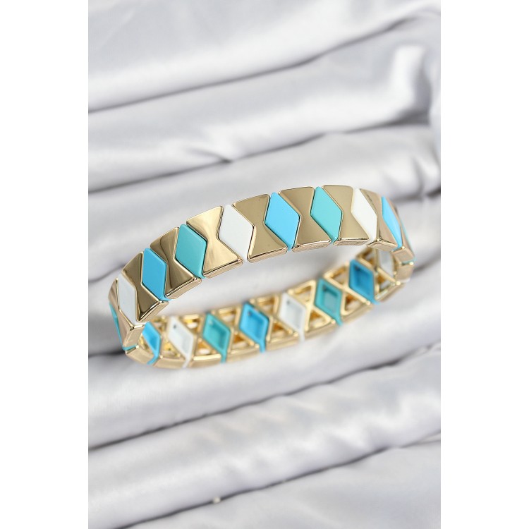 Gold-Colored Elastic Women's Bracelet with Blue and White Rice Baklava Pattern - TJ-BB7643 Gold-Colored Elastic Women's Bracelet with Blue and White Rice Baklava Pattern - TJ-BB7643