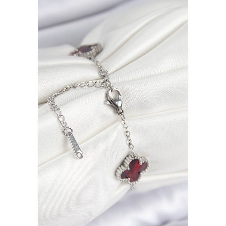 316L Steel Pearl Red Silver Color Clover Women's Bracelet - TJ-BB7665