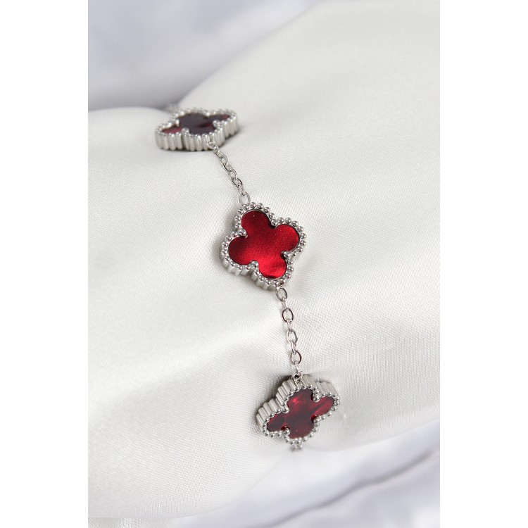316L Steel Pearl Red Silver Color Clover Women's Bracelet - TJ-BB7665 316L Steel Pearl Red Silver Color Clover Women's Bracelet - TJ-BB7665