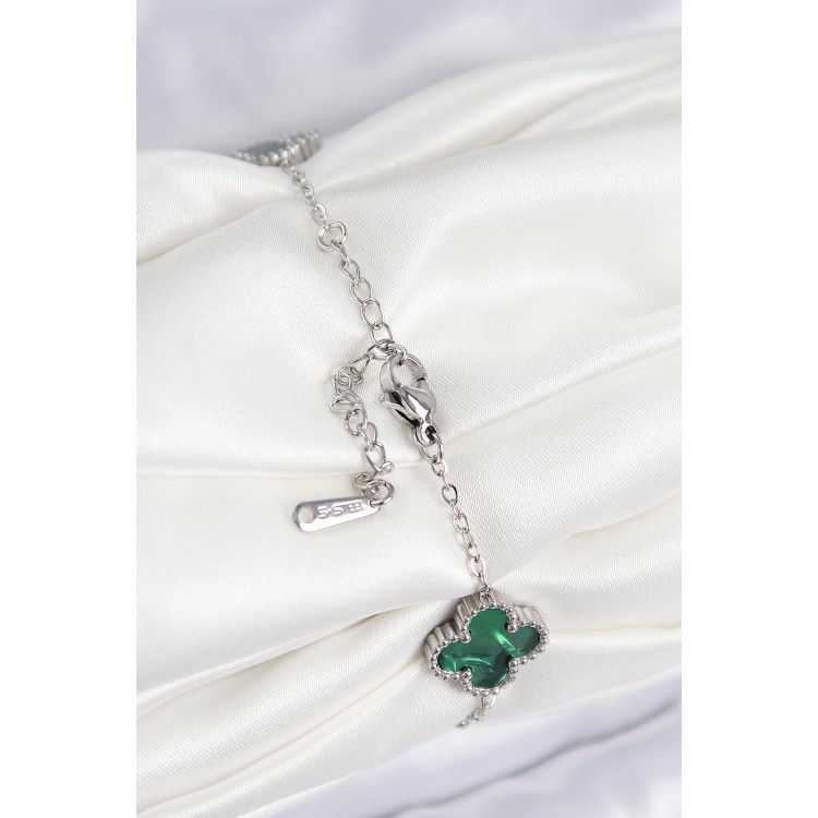 316L Steel Mother-of-Pearl Emerald Green Silver Color Clover Women's Bracelet - TJ-BB7672