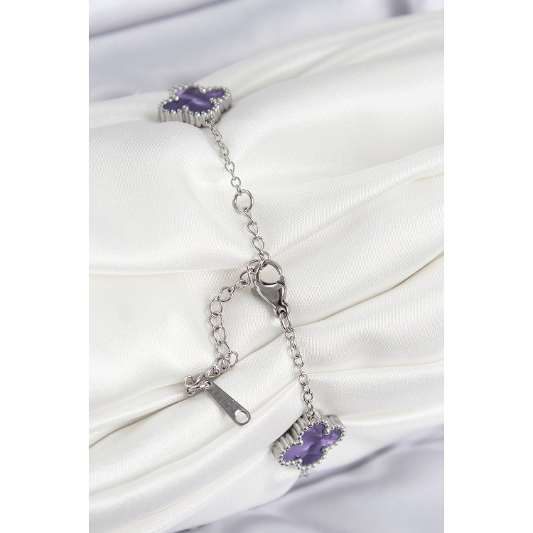 316L Steel Mother-of-Pearl Purple Silver Color Clover Women's Bracelet - TJ-BB7674