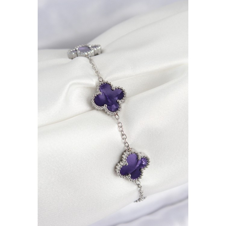 316L Steel Mother-of-Pearl Purple Silver Color Clover Women's Bracelet - TJ-BB7674 316L Steel Mother-of-Pearl Purple Silver Color Clover Women's Bracelet - TJ-BB7674